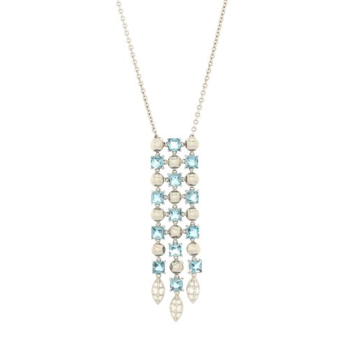 Lucea 3 Row Drop Pendant Necklace 18K White Gold with Blue Topaz and Diamonds