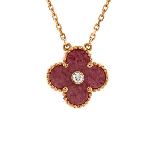 Vintage Alhambra Pendant Necklace 18K Rose Gold and Rhodonite with Diamond