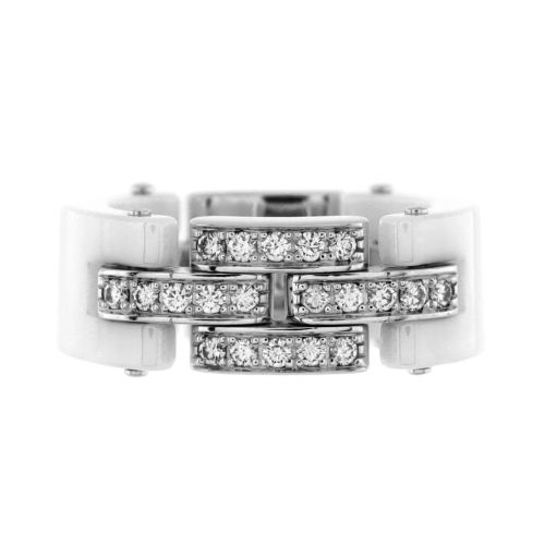 Maillon Panthere 3 Row Band Ring 18K White Gold and Ceramic with Half Diamonds