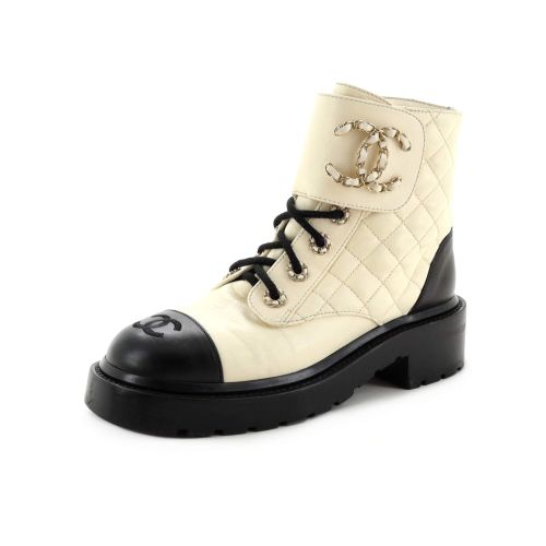 Women's Chain CC Cap Toe Lace Up Combat Boots Quilted Shiny Calfskin