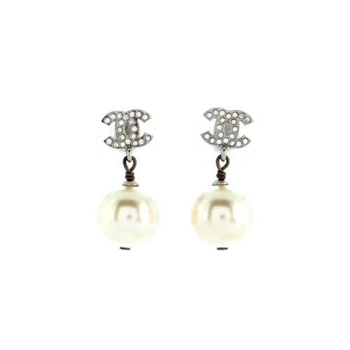 CC Drop Earrings Metal with Crystals and Faux Pearls