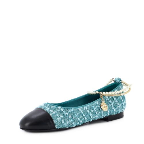 Women's Ballet Flats with Ankle Chain Tweed with Faux Pearls