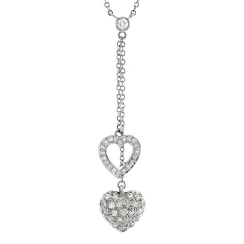 Vintage Double Heart Pendant Necklace Platinum with Diamonds