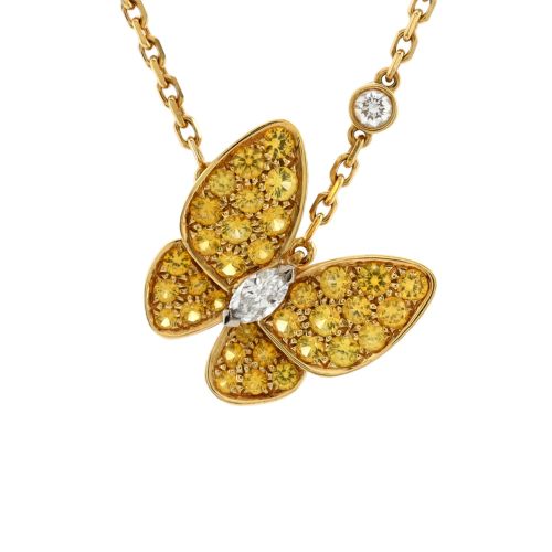 Two Butterfly Pendant Necklace 18K Yellow Gold with Yellow Sapphires and Diamonds