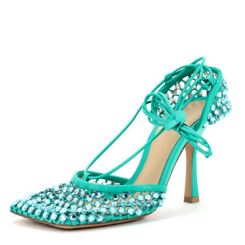 Women's Sparkle Stretch Heeled Sandals Crystal Embellished Mesh and Leather