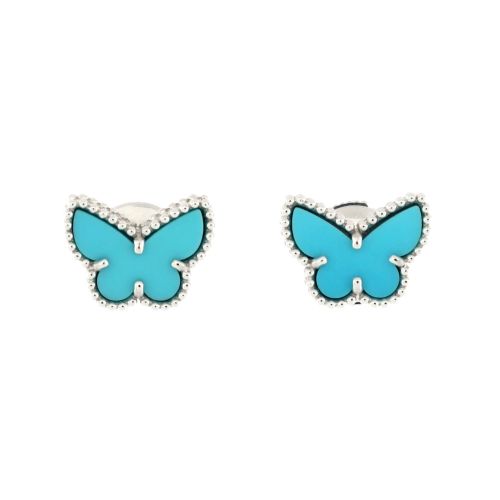 Sweet Alhambra Butterfly Stud Earrings 18K White Gold and Turquoise