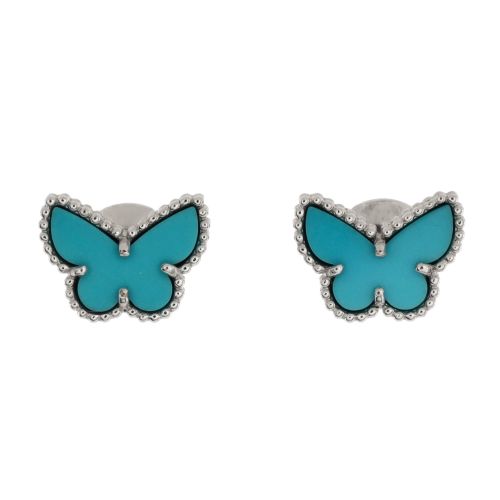 Sweet Alhambra Butterfly Stud Earrings 18K White Gold and Turquoise