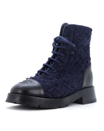 Women's Chain CC Cap Toe Lace Up Combat Boots Tweed and Leather