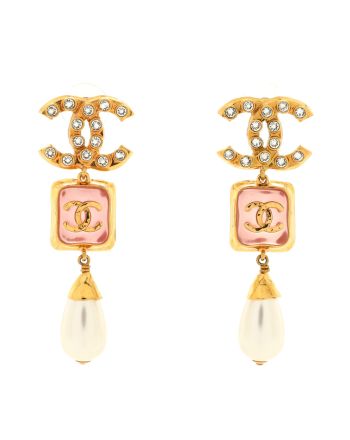 CC Square and Teardrop Dangle Earrings Metal with Crystals, Resin and Faux Pearls