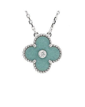 Vintage Alhambra Pendant Necklace 18K White Gold and Green Celadon Sevres Porcelain with Diamond