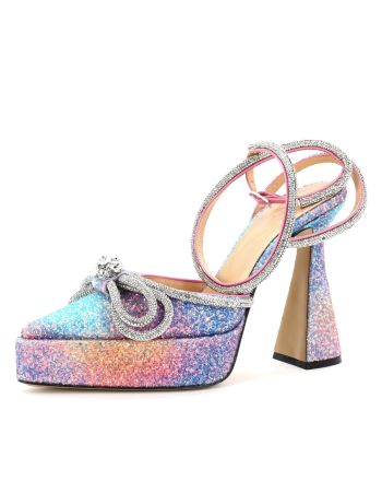 Women's Double Bow Ankle Strap Platform Pumps Glitter 140