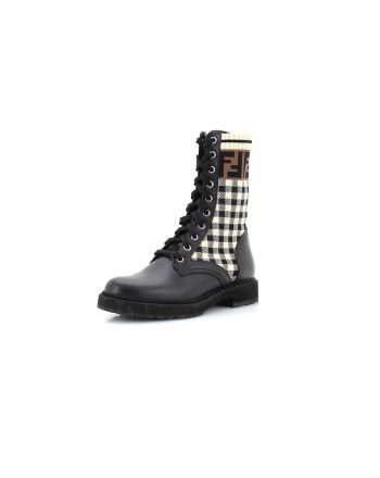 Women's Rockoko Combat Boots Leather with Printed Knit Stretch Fabric and Zucca Trim