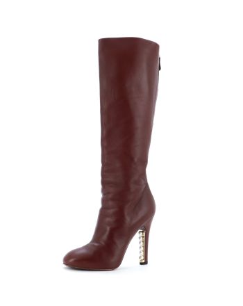 Women's Pearl Embellished Knee High Heeled Boots Leather