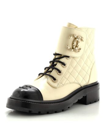 Women's Chain CC Cap Toe Lace Up Combat Boots Quilted Shiny Calfskin